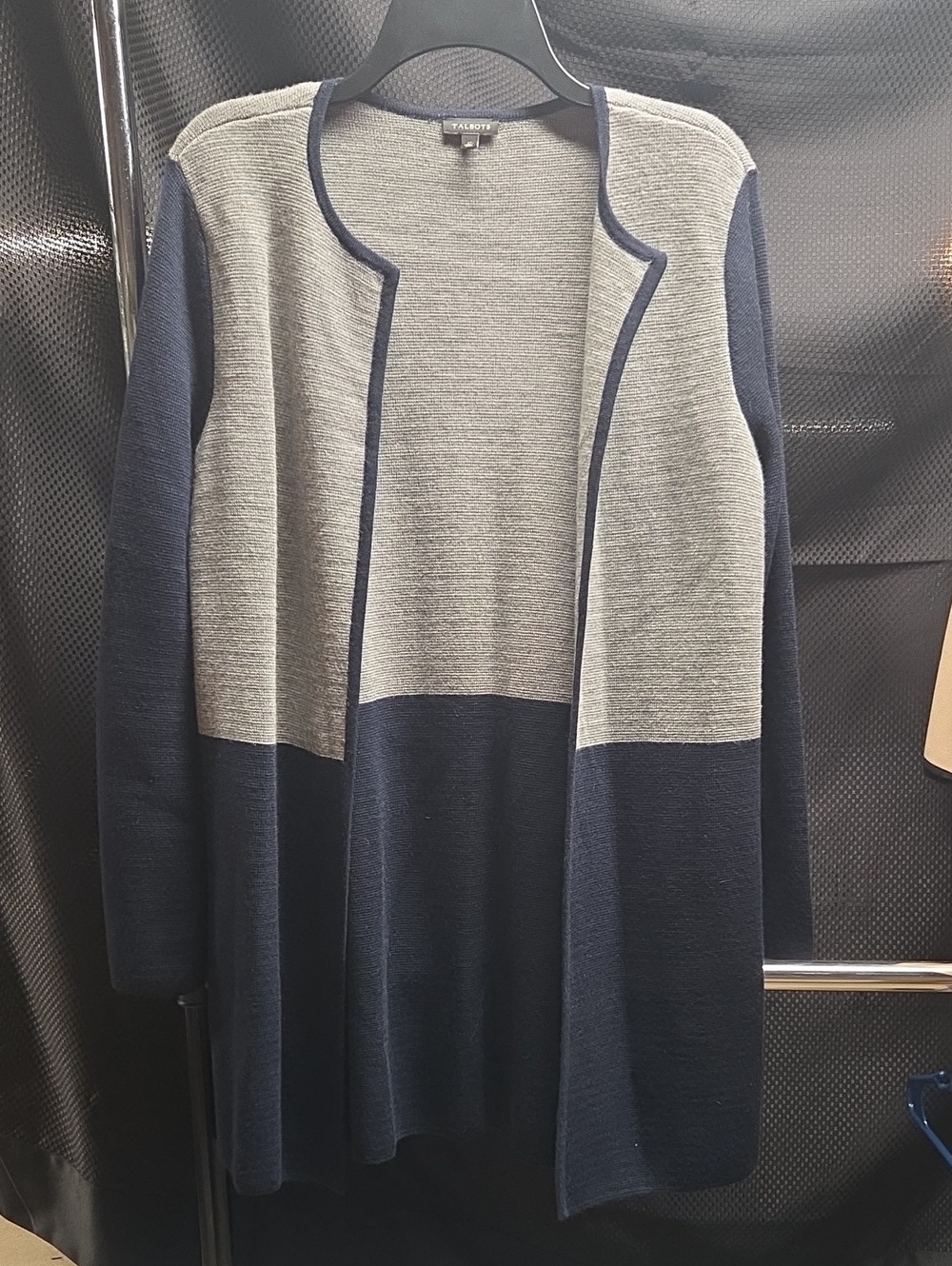 Talbots Navy and Gray Open-Front Colorblock Cardigan